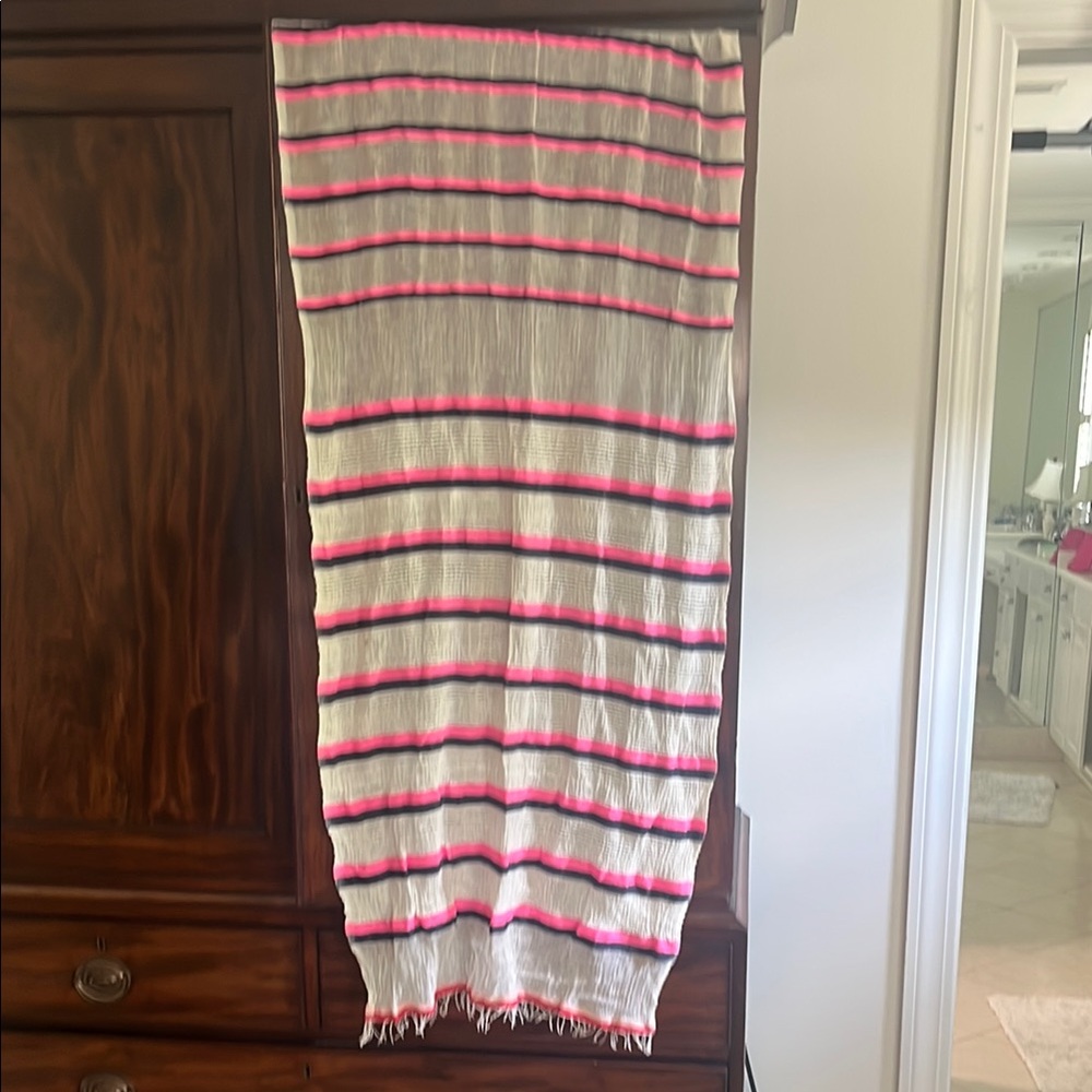 Lemlem Pink and White Striped Scarf with Fringe